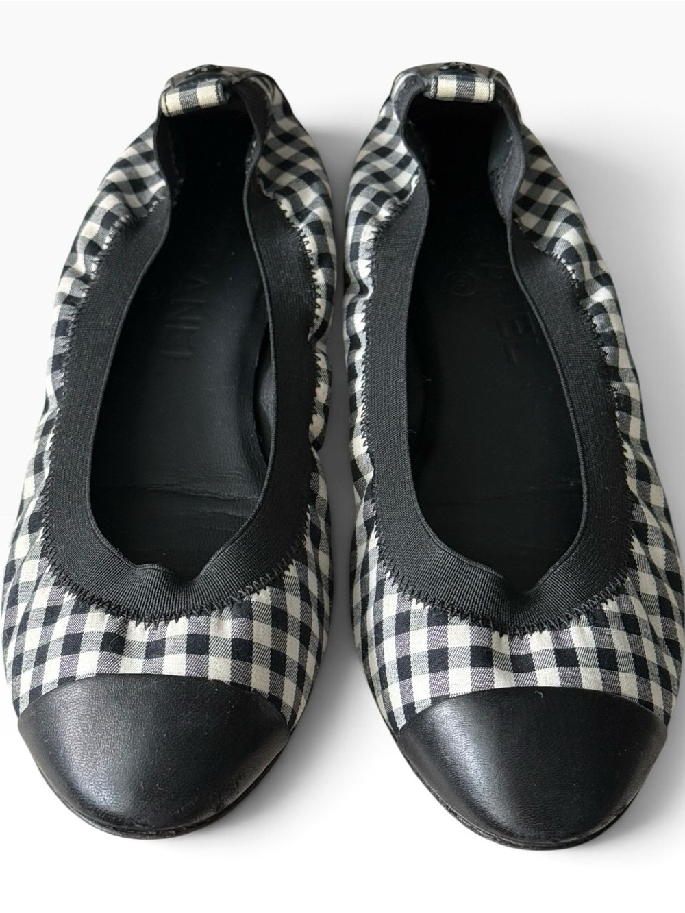 Chanel Gingham Fabric and Back Leather Scrunch Ballet Flats Size 38.5
